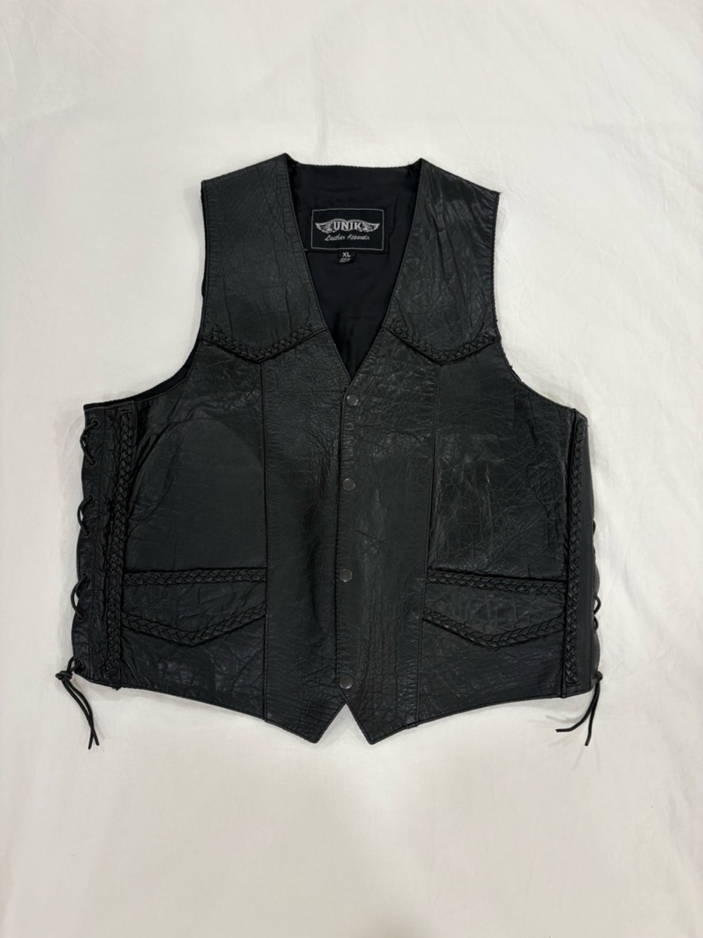 Unik Black Braided-Trim Leather Motorcycle Vest
